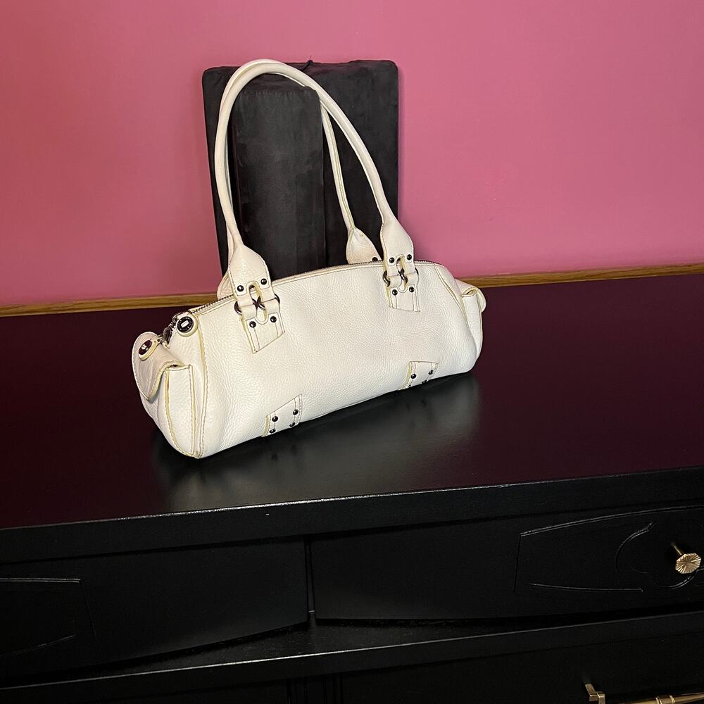 White Leather Cole Haan Barrel Bag Small Handbag Top-Handle Purse Mini Baguette